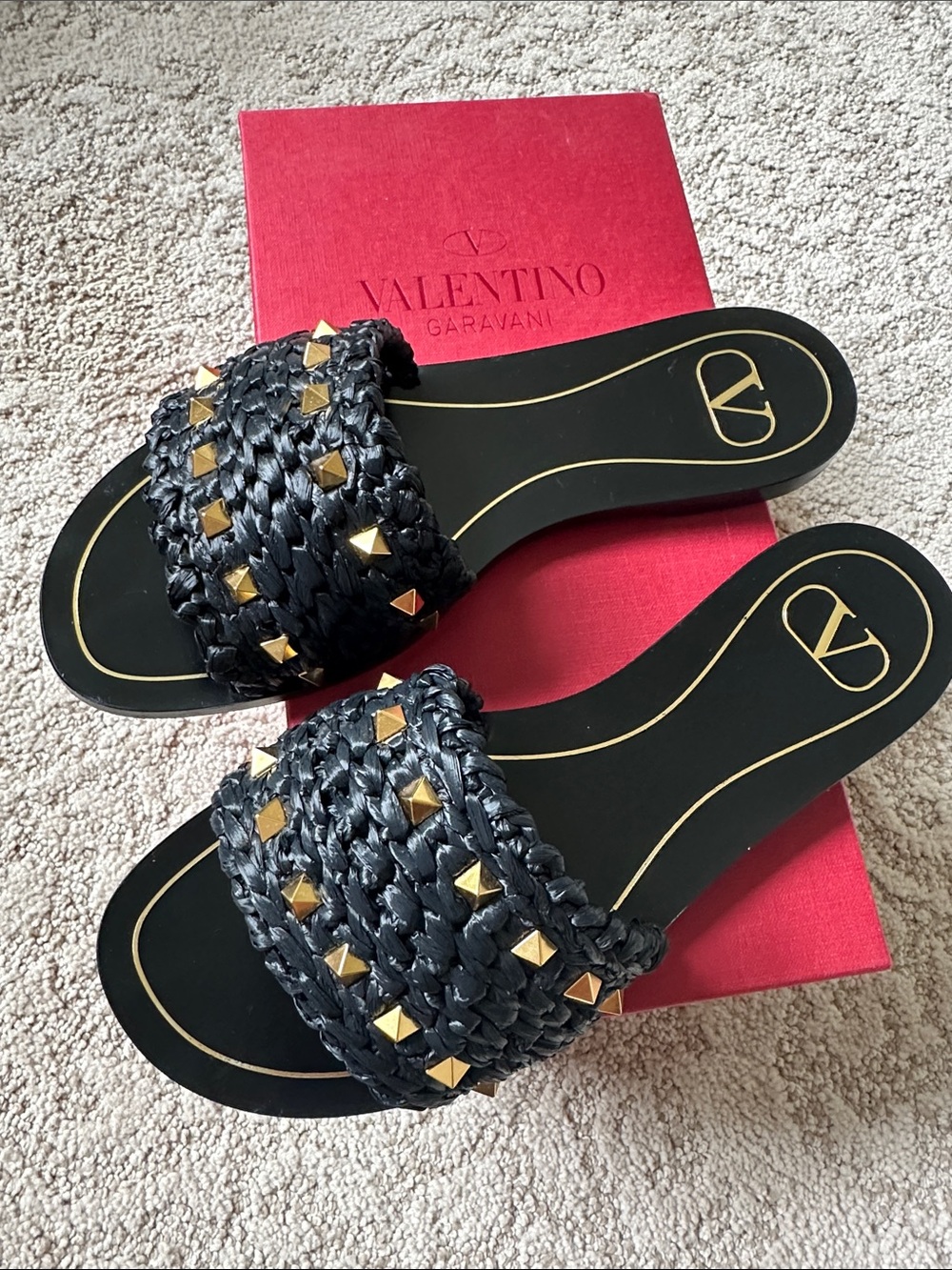 Valentino Black Braided Slide Sandals with Gold Studs